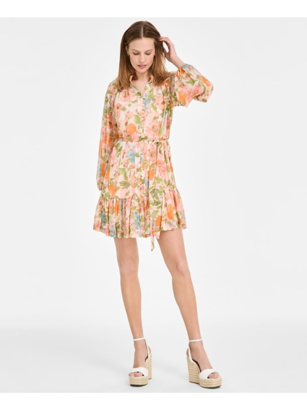 Taylor Women's Printed Button-Front Long-Sleeve Button Dress Orange Size 16 $128